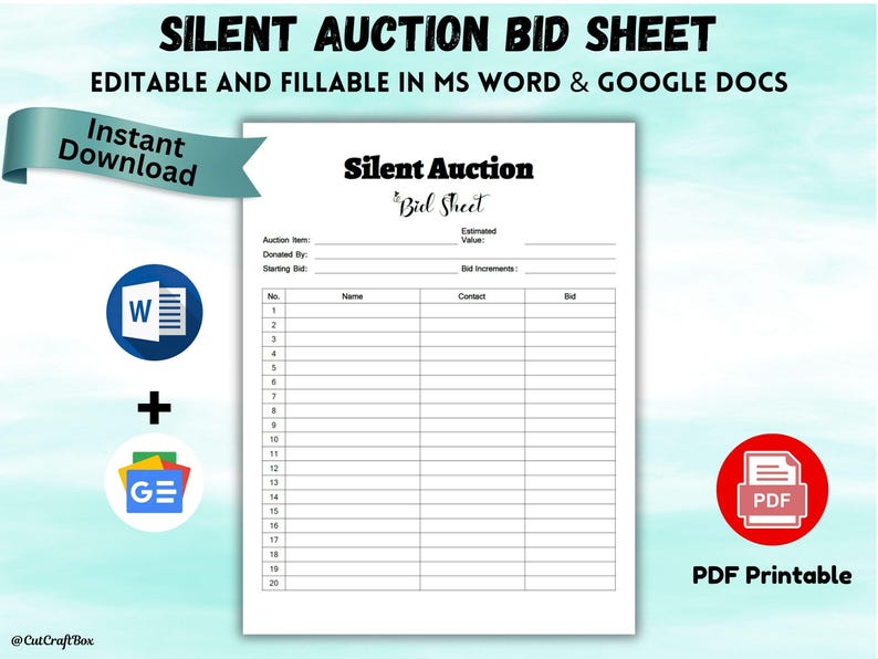Editable Silent Auction Bid Sheet Silent Auction Sign up Sheet Silent ...