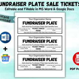 Editable Fundraiser Plate Sale Ticket Template – 3 Per Page Fundraising Sale Tickets Food Event Ticket MS Word Google Docs and Printable PDF