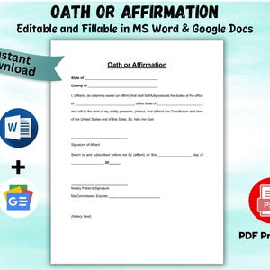 Editable Oath or Affirmation Notary Form Letter Affidavit of Single Status Form Template Simple Notary Acknowledgement form  Word PDF format