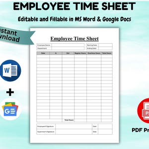 Editable Employee Time Sheet Template: US Letter & A4 (Digital Download)