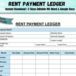 May include: A rent payment ledger template with a light blue header and a teal banner that says "Instant Download". The ledger includes fields for property details, lease information, and a monthly payment schedule. Includes MS Word, PDF, and Google Docs formats.