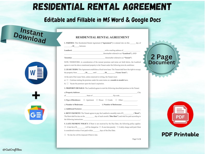 Editable Residential Rental Agreement Template: Landlord Lease Form ...