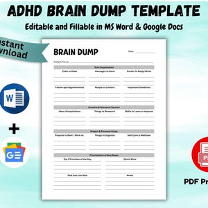 Editable ADHD Brain Dump Daily Mental Clarity Worksheet ADHD Planner Daily To Do List, Adhd Task Organizer Productivity Planner Word & PDF