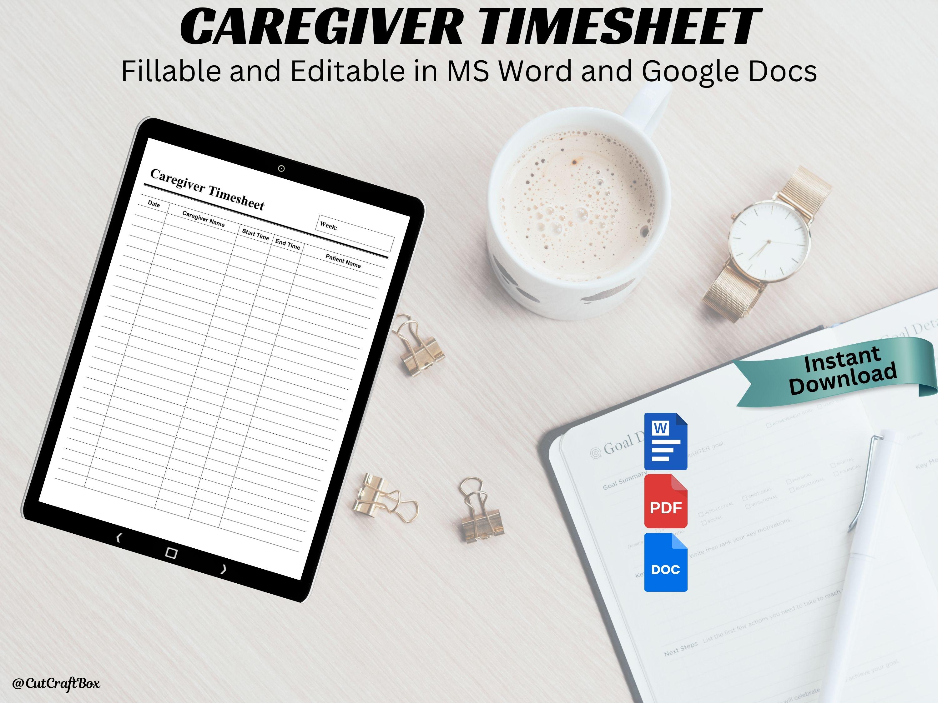 Editable Caregiver Timesheet Caregiver Hours Home Health Care Time ...