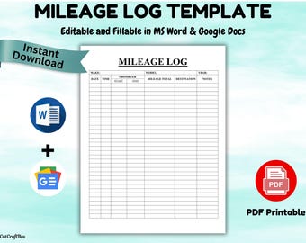 Editable Mileage Log Template: US Letter & A4 (Word, PDF Digital Download)
