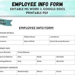 Editable New Employee Info Form New Hire Employment Info Sheet Employee Starter Form Staff Info Employee New Hire info Employee Onboarding