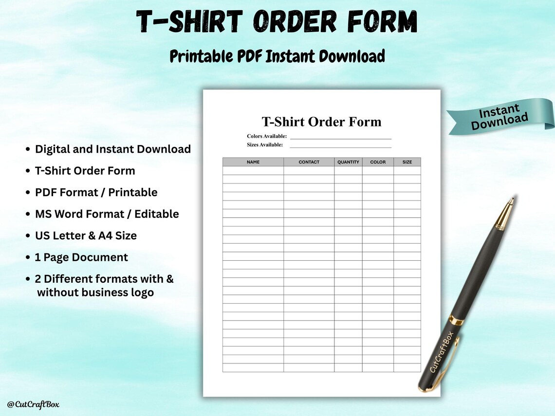 Editable T-shirt Order Form Template Order Forms for Small Business ...