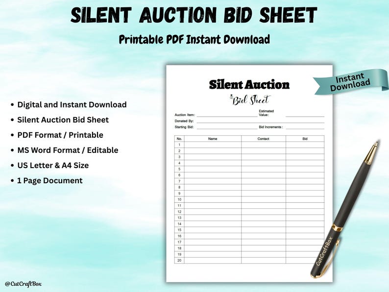 Editable Silent Auction Bid Sheet Silent Auction Sign up Sheet Silent ...