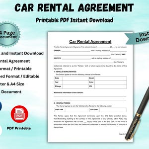 Editable Car Rental Agreement Template Car Rental Contract Form Auto Rental Agreement Printable Vehicle Rental Lease Contract Word & PDF