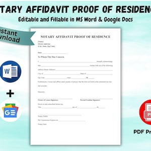 Formulário de comprovante de residência de declaração de notário editável, modelo de carta de comprovante de residência, formulário de verificação de declaração de residência em formato Word e PDF