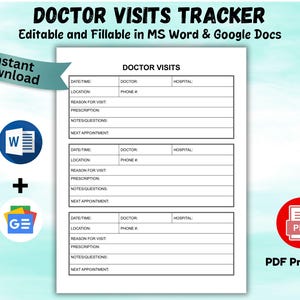 Editable Doctor Visit Tracker Health Consultation Record Doctor Visits Log Medical Record Tracker Doctor Visit Note Health Planner Word PDF