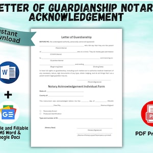 Letter of Guardianship Notary Acknowledgement Individual Form Child Custody Document Notary Form Child Care Agreement Family Agreement Word