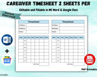 Editable Caregiver Timesheet, Home Health Care Time Sheet Caregiver Hours Biweekly Caregiver Schedule Home Care Shift Log Microsoft Word