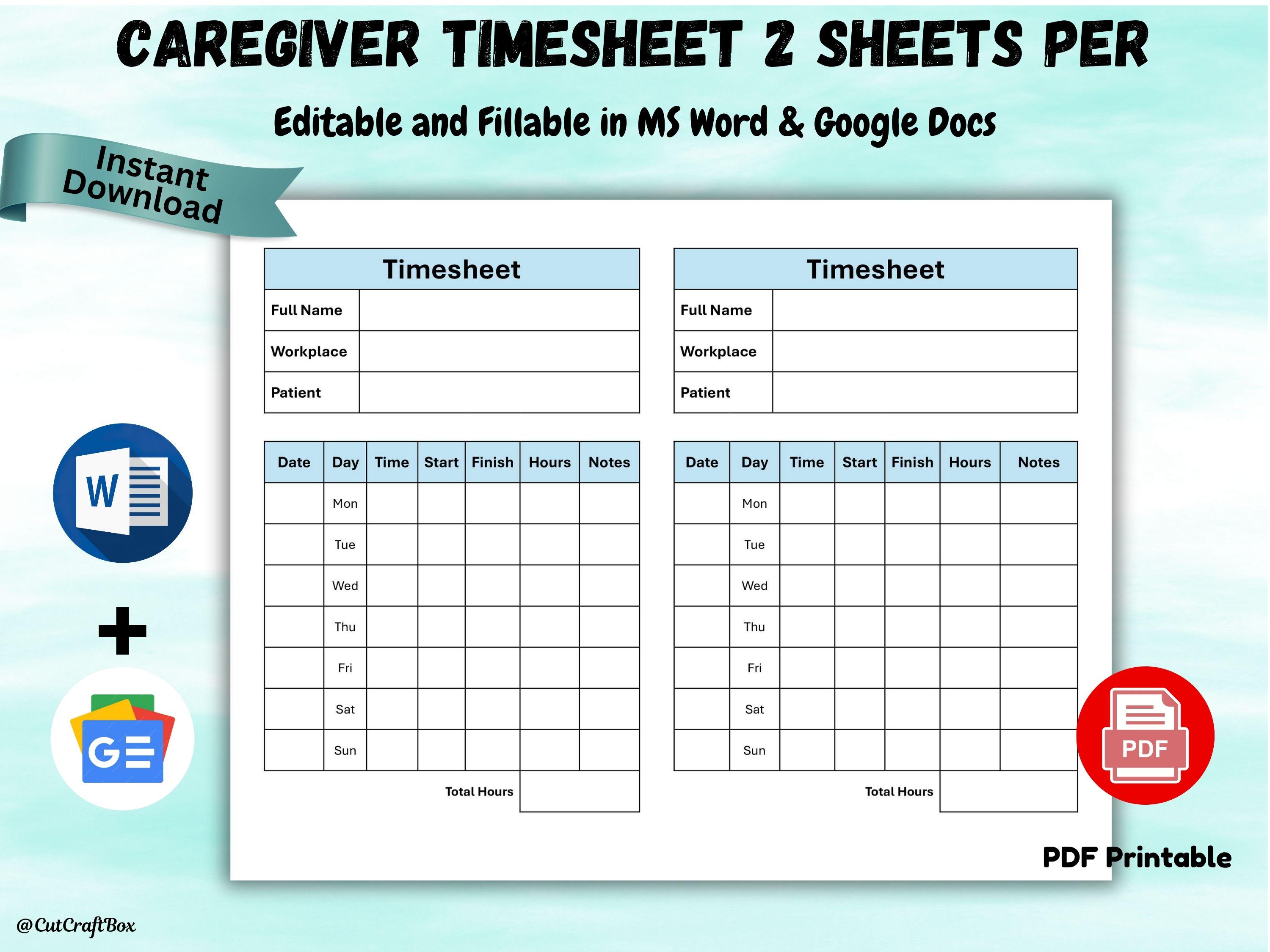 Editable Caregiver Timesheet, Home Health Care Time Sheet Caregiver ...