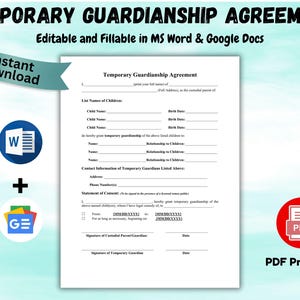Temporary Guardianship Agreement Editable Guardianship Agreement Template temporary custody of children for extended travel Word PDF