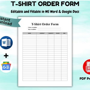 Editable T-Shirt Order Form Template Order Form for Small Business Online Purchase Order Form Shirt Order Form Word & PDF Instant Download