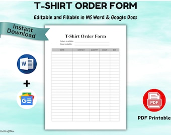 Editable T-Shirt Order Form Template Order Forms for Small Business Online Purchase Order Forms 2 versions Google Docs Word & PDF download