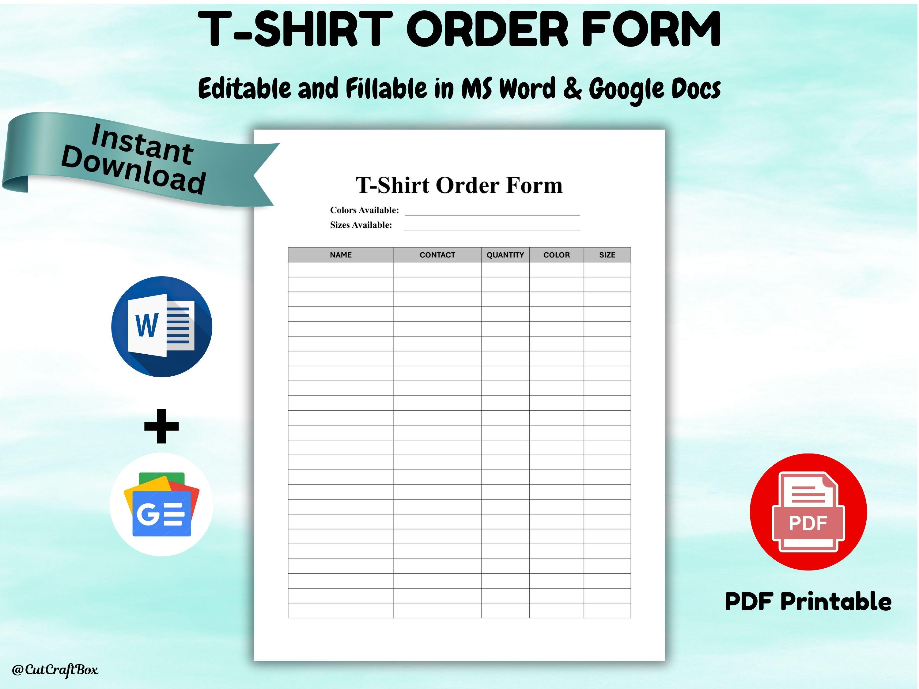 Editable T-shirt Order Form Template Order Forms for Small Business ...