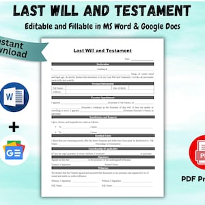 May include: A printable Last Will and Testament document, editable in MS Word and Google Docs. The document is displayed on a white background with black text, and includes a PDF printable option. The image also features a blue banner with "Instant Download".