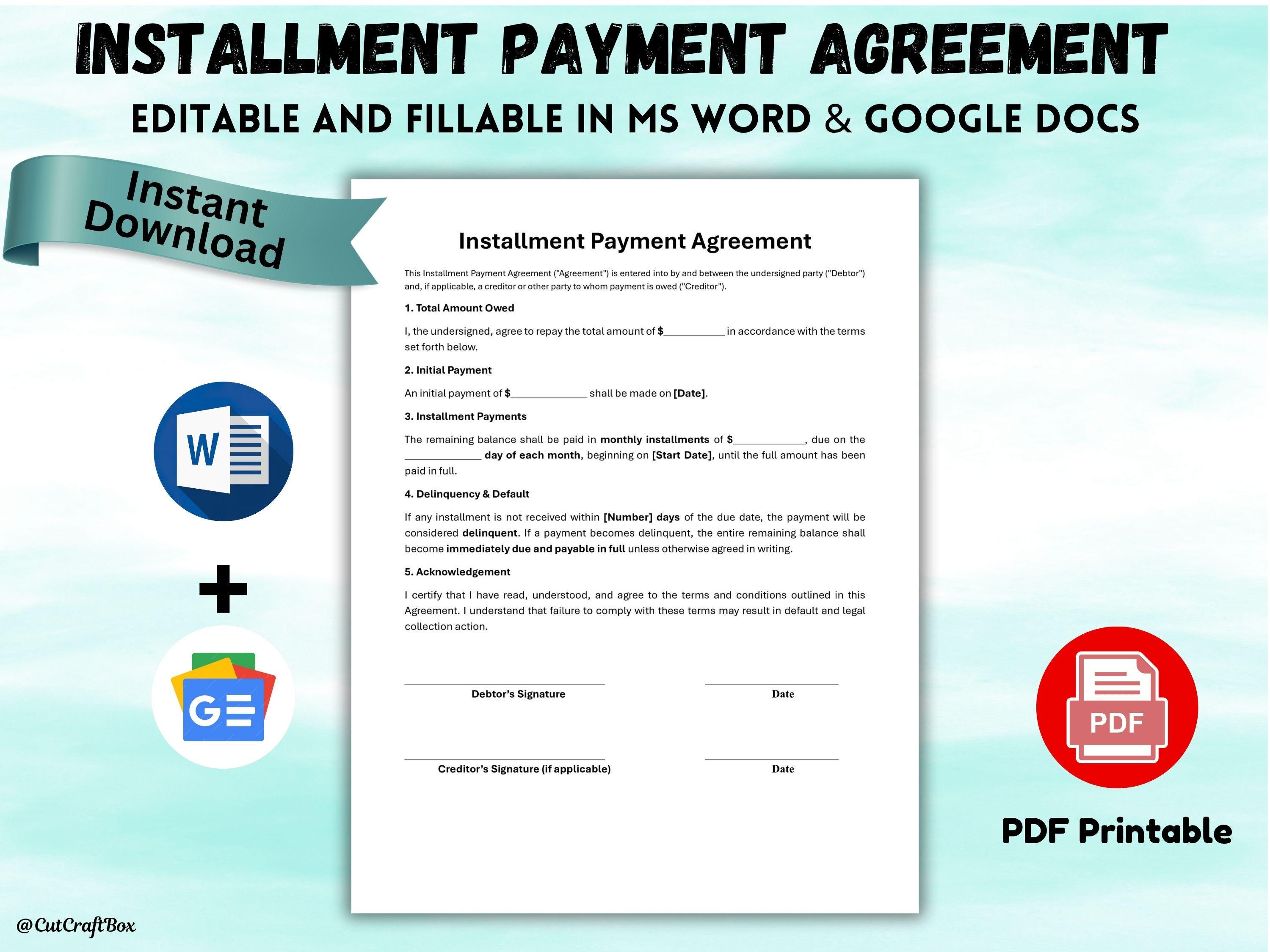 Installment Payment Agreement Template: Editable Loan Contract (digital ...