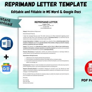 May include: A printable reprimand letter template, editable in MS Word and Google Docs. The document includes sections for incident description, impact, and expectations. Features a teal banner with "Instant Download" and icons for Word, Google Docs, and PDF.