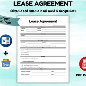 Minimalistic Residential Lease Agreement Simple Housing Contract Template Editable Lease Contract Rental Agreement form Word & PDF