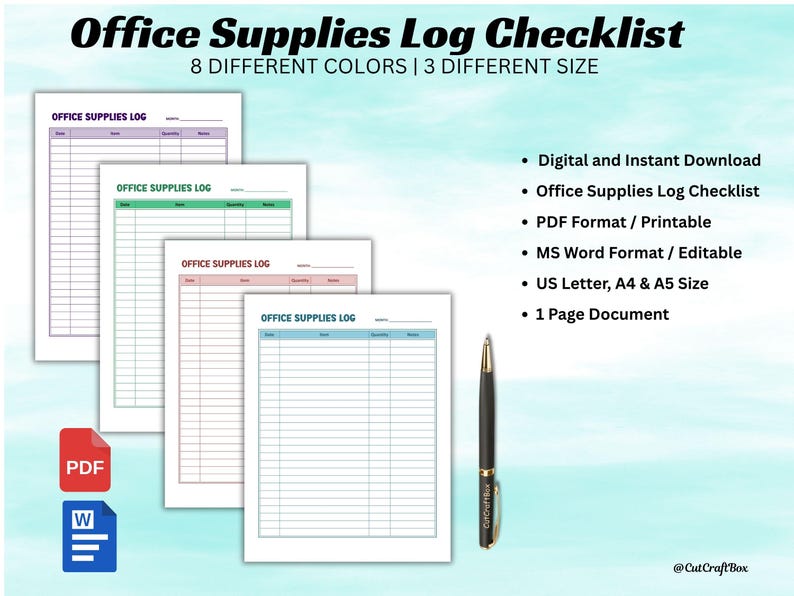Editable Office Supplies Checklist Template: Inventory Tracker (digital ...