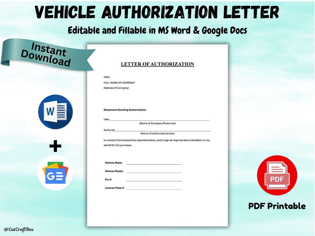 Vehicle Authorization Letter Template: Editable MS Word, Google Docs ...