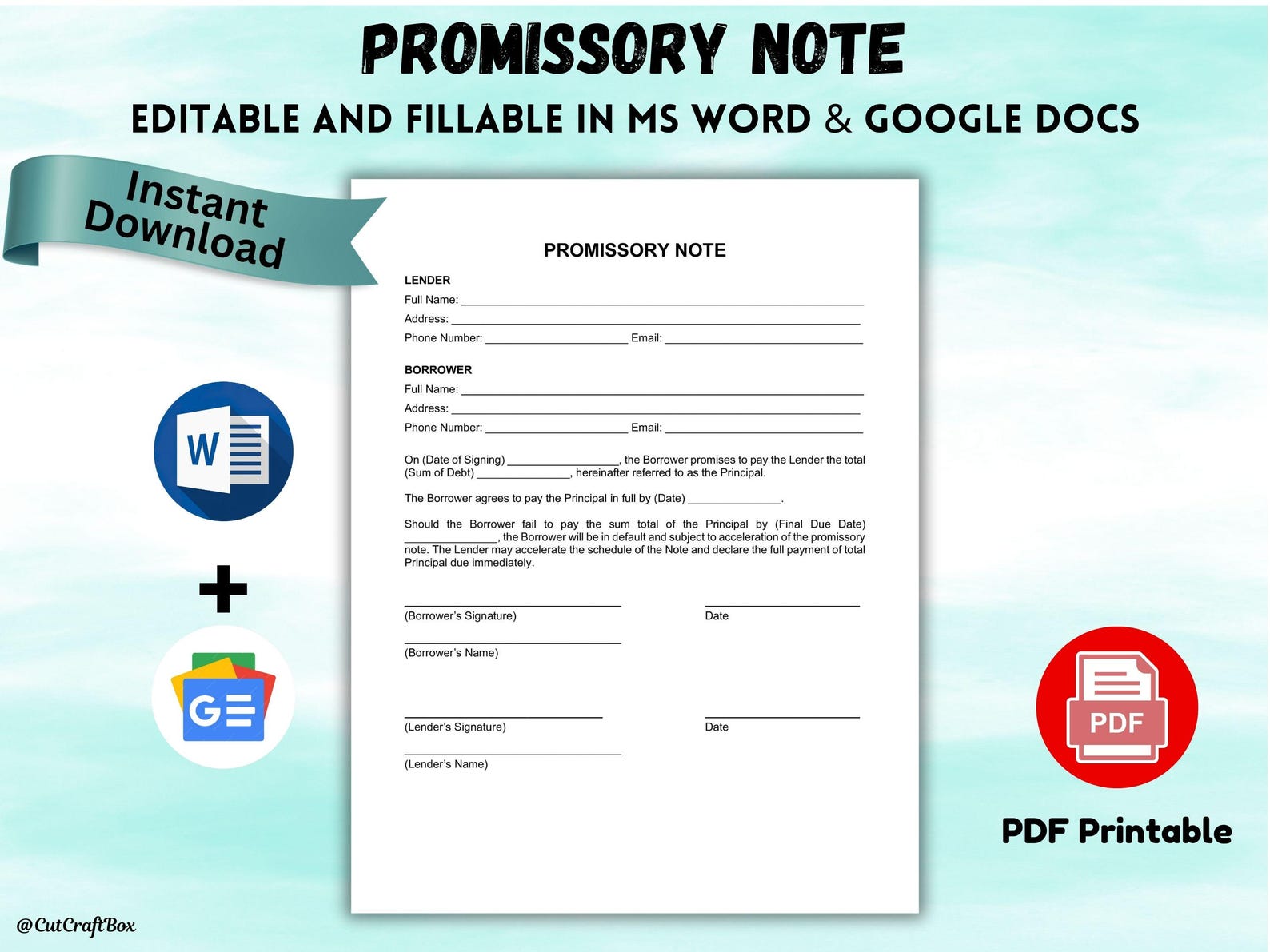 Editable Promissory Note Template: Personal Loan Agreement (digital ...