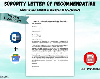 Editable Sorority Recommendation Letter Template: US Letter & A4 (Digital Download)