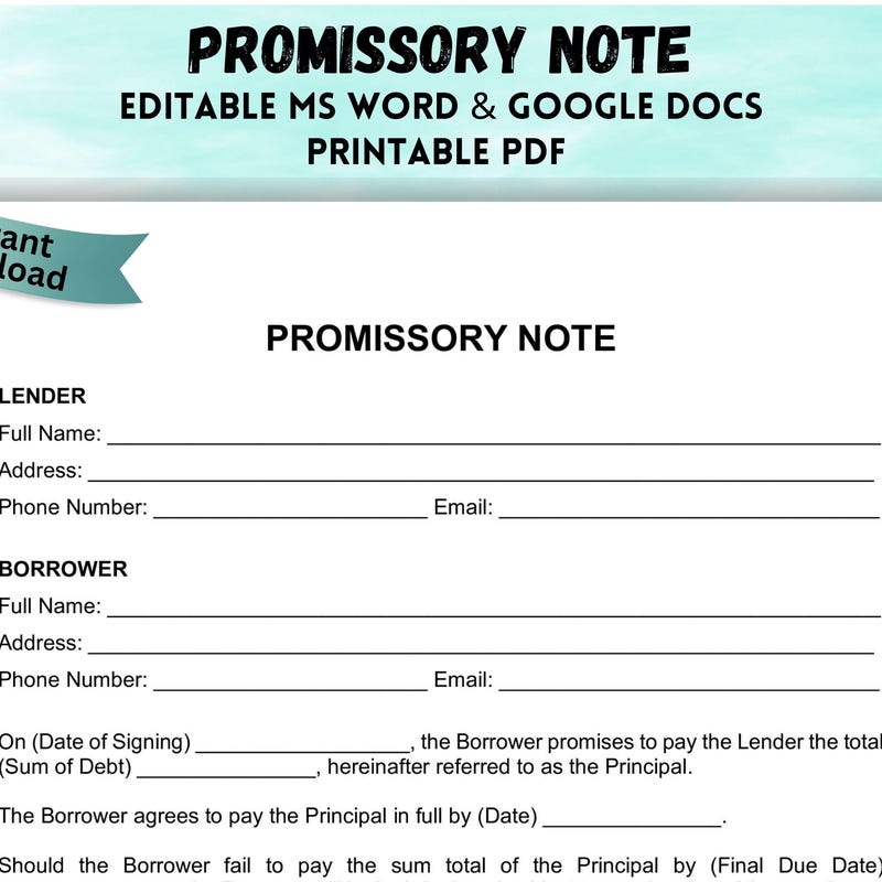Promissory Note Template - Etsy