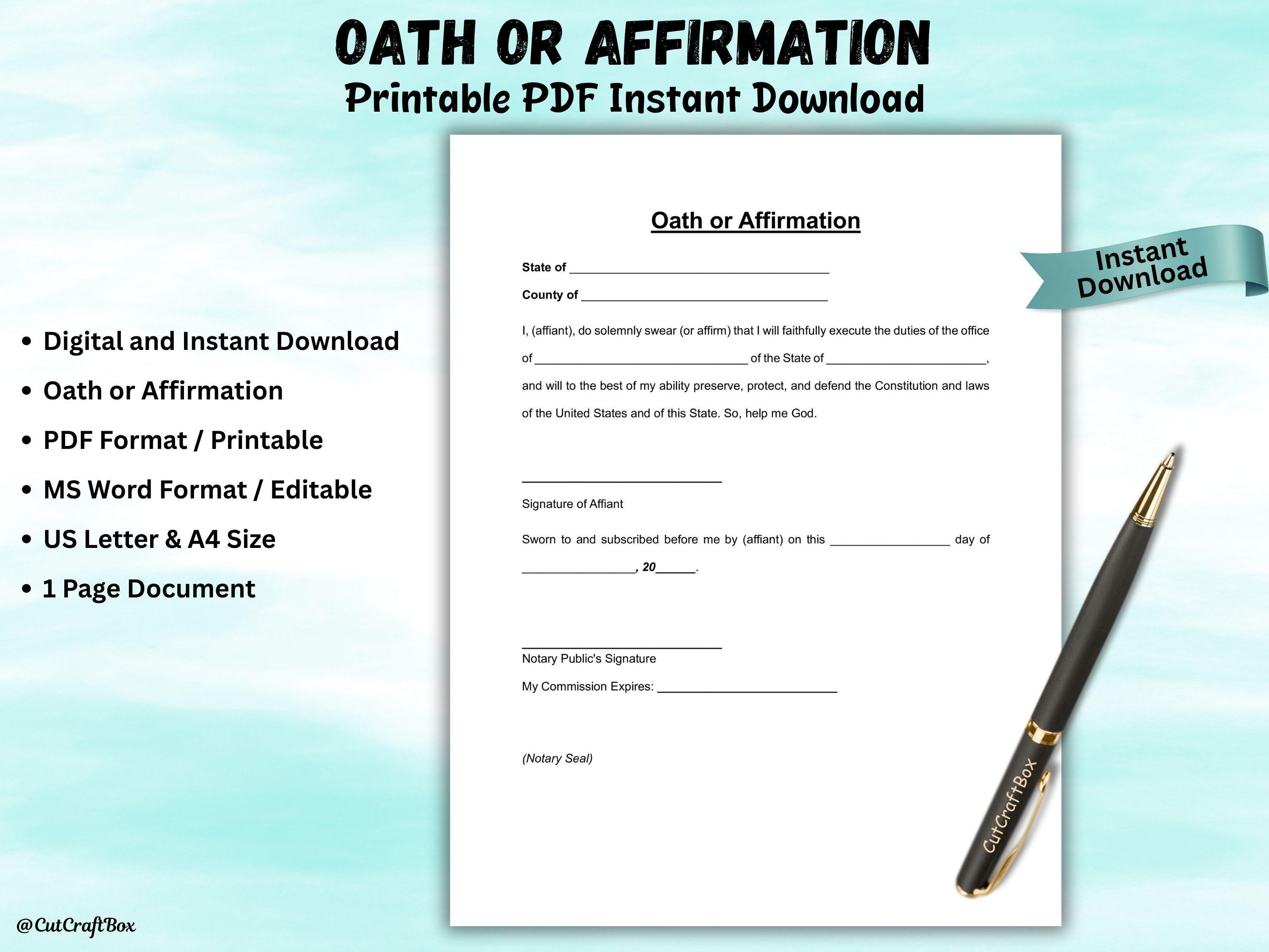 Editable Oath or Affirmation Notary Form Letter Affidavit of Single ...