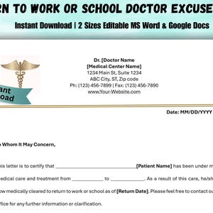 Puede incluir: Una plantilla digital para una nota médica de excusa, diseñada para el regreso al trabajo o la escuela. El documento incluye campos editables para la información del paciente y los detalles médicos. El diseño presenta un símbolo de caduceo y una pancarta turquesa que dice "Descarga instantánea".