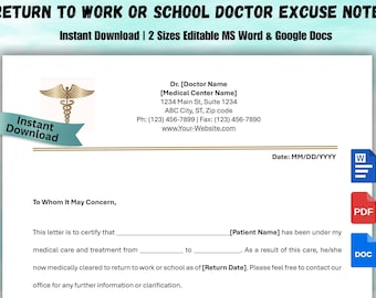 Return to Work Doctor Note Template, Editable Medical Excuse (PDF)