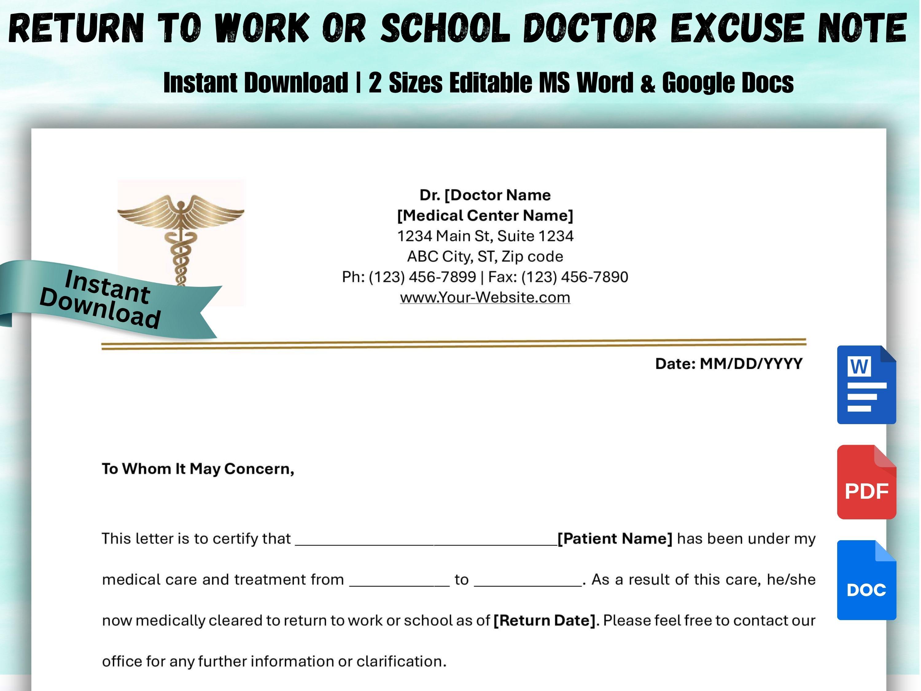 Return to Work Doctor Note Template, Editable Medical Excuse (PDF