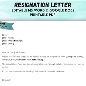 Editable Simple Resignation Letter Template Employee Resignation Template Word & PDF Template Simple Letter Notice to Resign Letter PDF