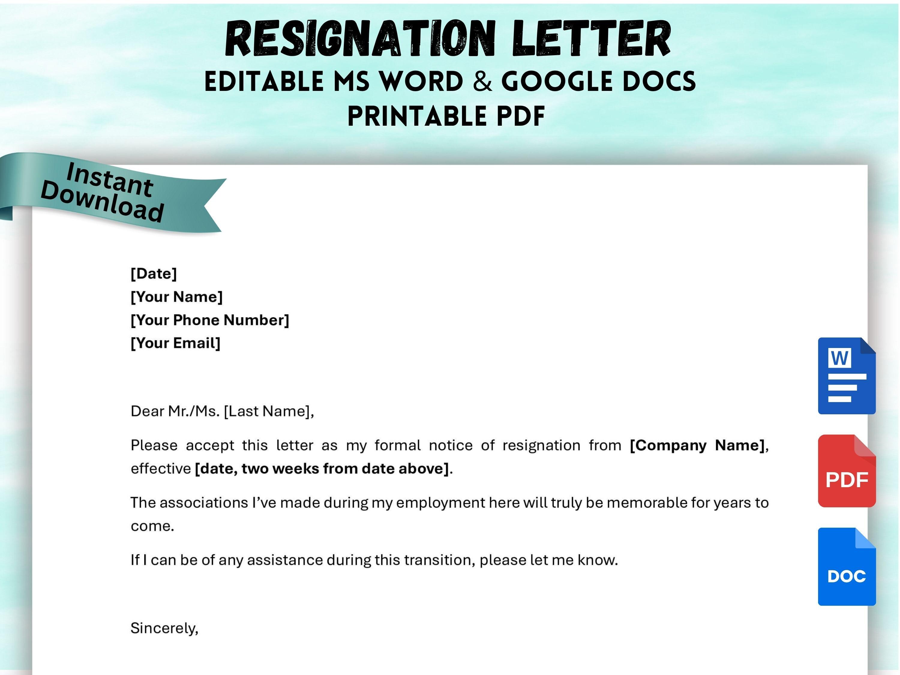 Editable Resignation Letter Template (word & PDF) - Etsy