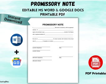 Editable Promissory Note Template: Personal Loan Agreement (Digital Download)