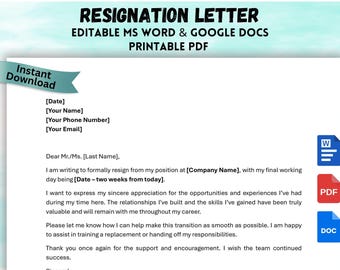 Professional Resignation Letter Template: Editable Word & PDF (Instant Download)