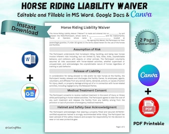 Horse Riding Liability Waiver Editable Equine Liability Release Horse Rental Consent Riding School Waiver Edit in Canva & Word Printable PDF