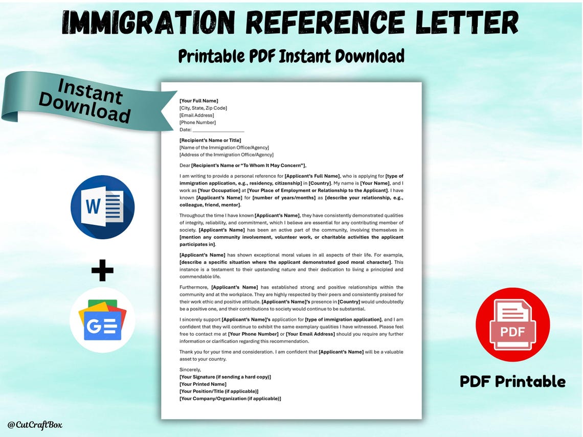 Reference Letter For Inmigrant Immigration Reference Letter Template: Editable MS Word & PDF (digital ...