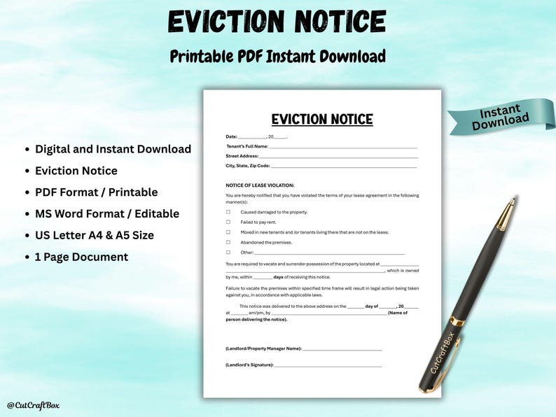 Editable Eviction Notice to Vacate Template Landlord Rental Contract ...