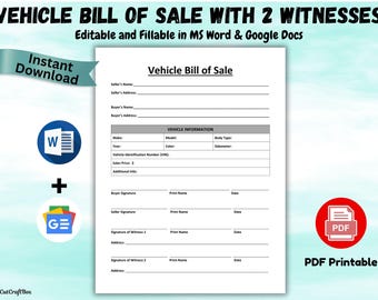 Puede incluir: Un documento imprimible de venta de vehículos con campos para la información del vendedor y del comprador, detalles del vehículo y firmas de testigos. El documento es editable en MS Word y Google Docs. Incluye un icono PDF y las palabras "PDF imprimible".