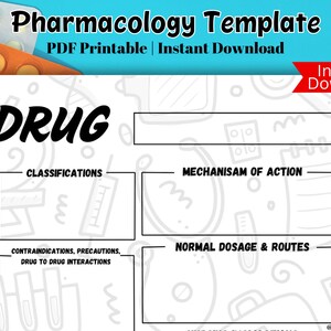May include: A white printable pharmacology template with the word "DRUG" in bold black letters. The template includes sections for classifications, mechanism of action, normal dosage, and contraindications. The words "PDF Printable | Instant Download" are also visible.