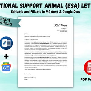 ESA Briefvorlage | Tierbuchstabe zur emotionalen Unterstützung | Servicetier Hinweis | Dap & Seifentherapie Notizen | Bearbeitbare (ESA) Therapeuten-Formulare