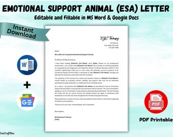 Plantilla de carta de ESA / Carta para animales de apoyo emocional / Nota para animales de servicio / Notas de terapia con jabón y agua / Formularios editables para terapeutas (ESA)
