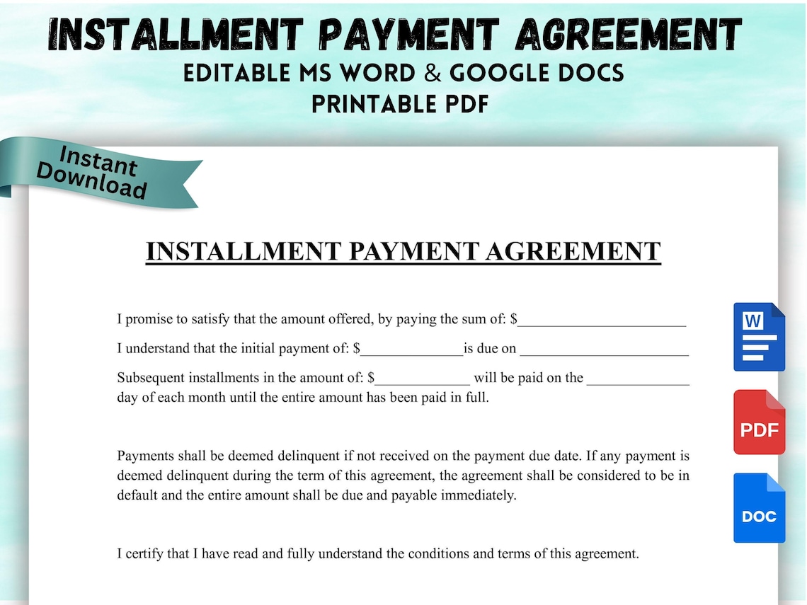 Installment Payment Agreement Template: Editable Loan Contract (digital ...