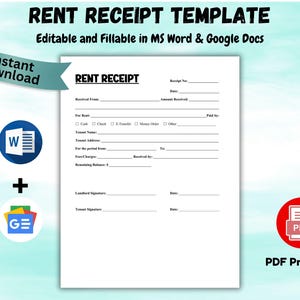 Rent Receipt Template Editable Rent Receipt Printable Rent Receipt  Word, Google DOCs and PDF Rent Receipt, Landlord Rental Payment Receipt