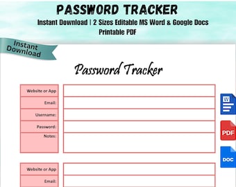 Redigerbar lösenordsspårare, utskrivbar: 8 färgalternativ (digital nedladdning)