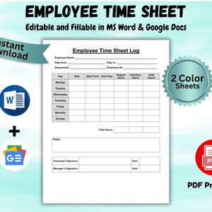Editable Employee Time Sheet employee Weekly Time Sheet Timecard Timesheet Timekeeping Sheet Staff Management Employee Weekly Work Hours Log